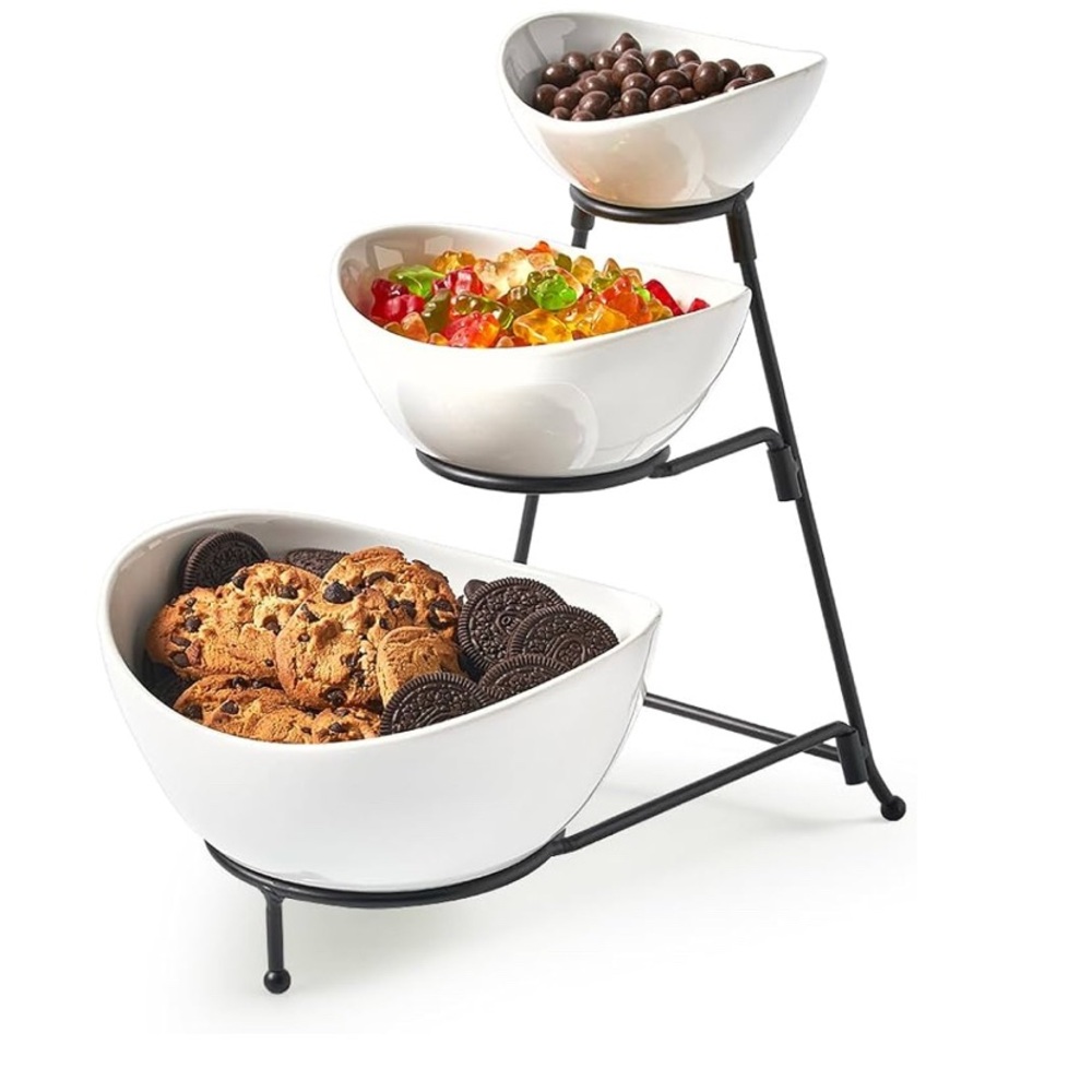 Benevolence 3-Tier Oval Bowl Serving Rack Set White Ceramic Stoneware Metal Rack